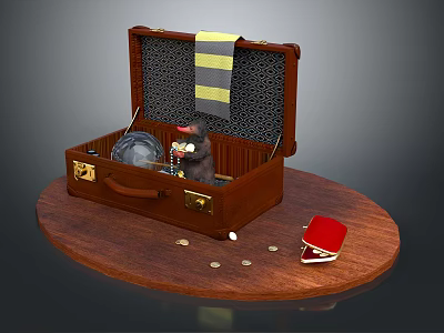 Open Brown Suitcase With Stuffed Toy Silver Plate Striped Cloth On Wood Table Red Notebook Coins 3d model