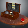 Open Brown Suitcase With Stuffed Toy Silver Plate Striped Cloth On Wood Table Red Notebook Coins