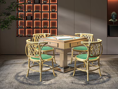 Modern Game Table with Four Rattan Chairs and Green Cushions in Living Room Setting 3d model