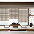 Bamboo Blinds Interior With Mountain View Tea Table And Stools Vase 3d model