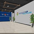 Spacious Government Service Hall Interior With Blue Backdrop Green Logo And Potted Plants