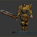 Golden Armored Warrior Holding Giant Sword on Blue Pedestal with Green Patterns