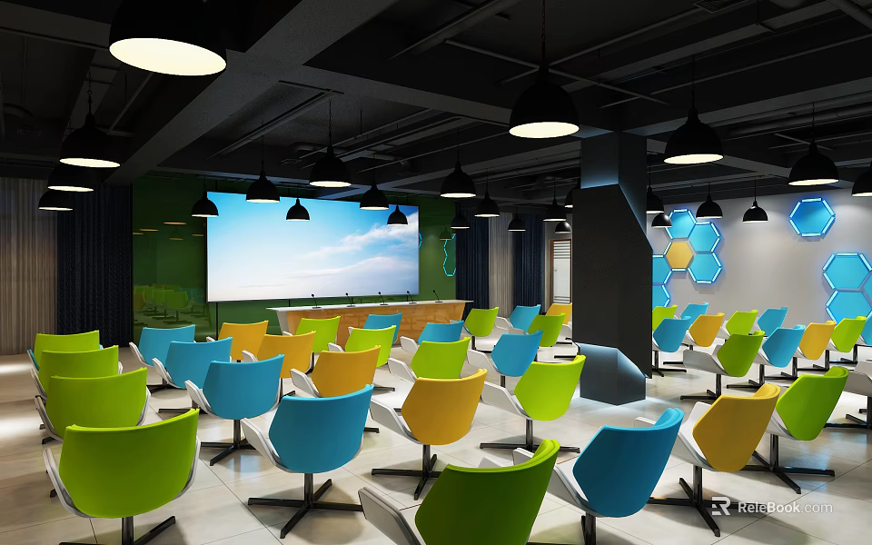 Modern Conference Room With Colorful Chairs Large Screen And Hanging Lights 3d model 