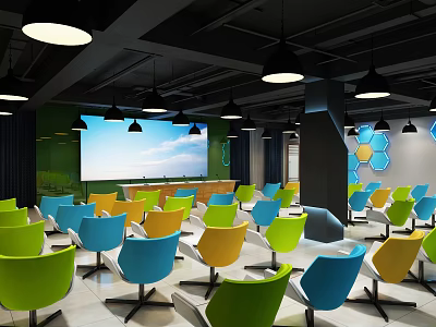 Modern Conference Room With Colorful Chairs Large Screen And Hanging Lights 3d model