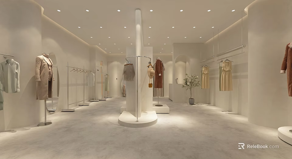 Minimalist Clothing Store Interior With Hanging Clothes Display Racks And Bright Lighting 3d model