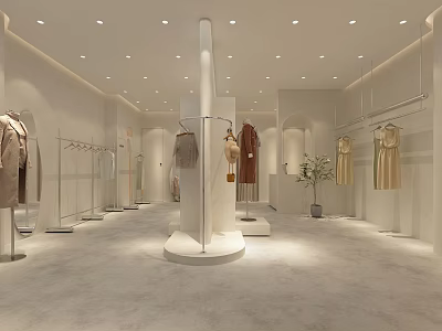 Minimalist Clothing Store Interior With Hanging Clothes Display Racks And Bright Lighting 3d model