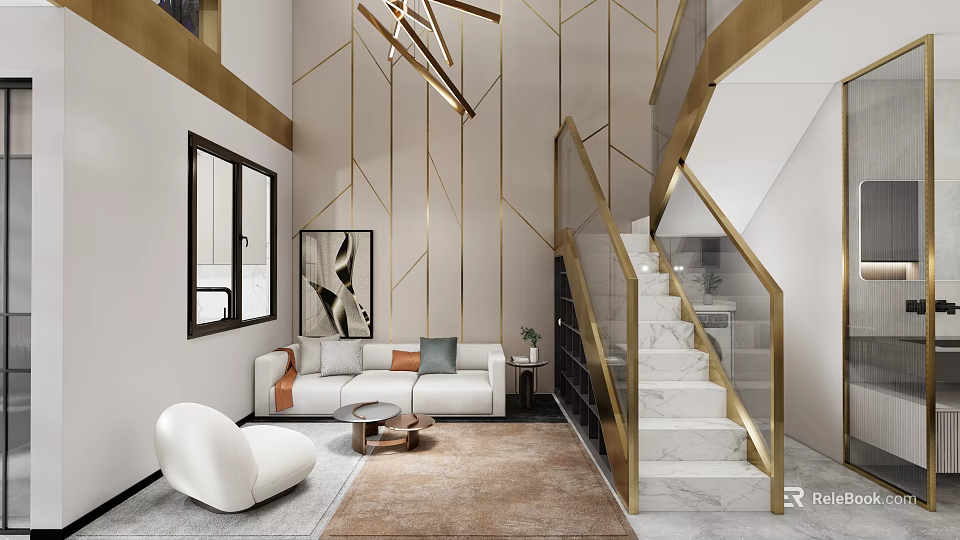 Modern Apartment Living Room With Gold Accents Wall White Sofa Marble Staircase And Gold Railing 3d model 