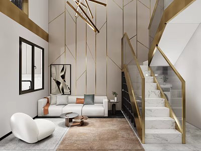 Modern Apartment Living Room With Gold Accents Wall White Sofa Marble Staircase And Gold Railing 3d model