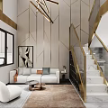 Modern Apartment Living Room With Gold Accents Wall White Sofa Marble Staircase And Gold Railing