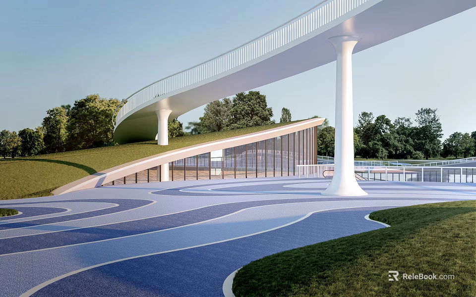 Modern Park Landscape With White Bridge Green Grass And Curved Blue Pathways 3d model 