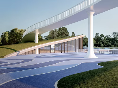 Modern Park Landscape With White Bridge Green Grass And Curved Blue Pathways 3d model
