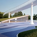Modern Park Landscape With White Bridge Green Grass And Curved Blue Pathways