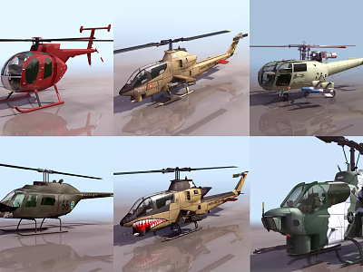 Various Military Helicopter Models With Colorful Exteriors And Shark Mouth Design 3d model