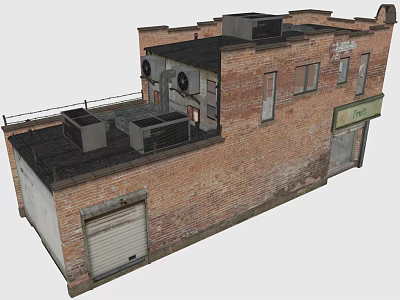 Exterior View Of Old Brick Building With Roof Equipment Roll Up Door And Windows 3d model