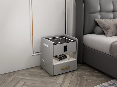 Modern Light Gray Nightstand With Drawer And Open Shelf In Bedroom Setting 3d model
