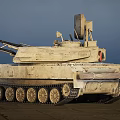 Military Tank With Radar System Firing Cannons Ejecting Flames On Desert Terrain