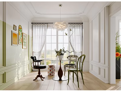 Modern Open Restaurant Interior With Dining Table Chairs And Chandelier 3d model