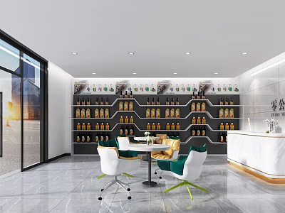 Modern Specialty Store Interior With Shelves Bottles Tables Chairs And Marble Counter 3d model