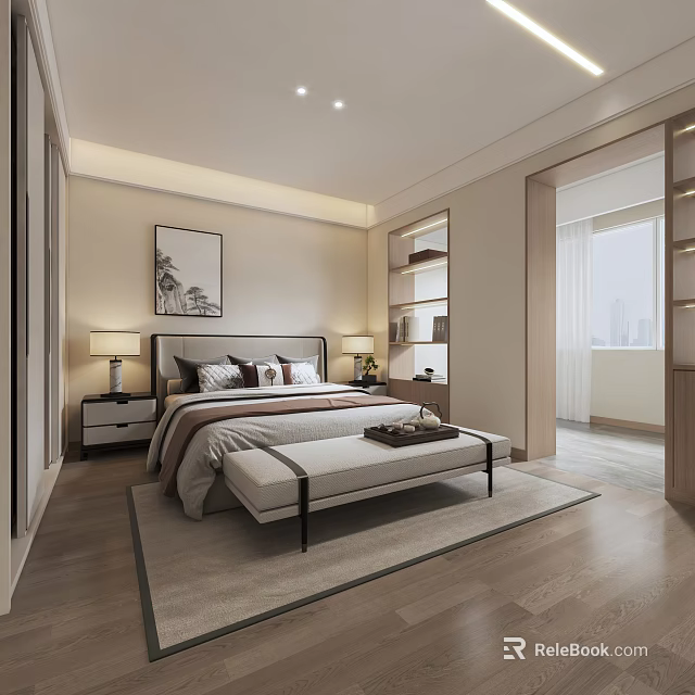 Elegant Modern Bedroom Interior With Bed Nightstands Lamps Bench Rug And Decorative Painting 3d model 