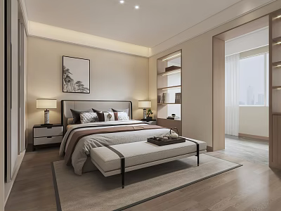 Elegant Modern Bedroom Interior With Bed Nightstands Lamps Bench Rug And Decorative Painting 3d model