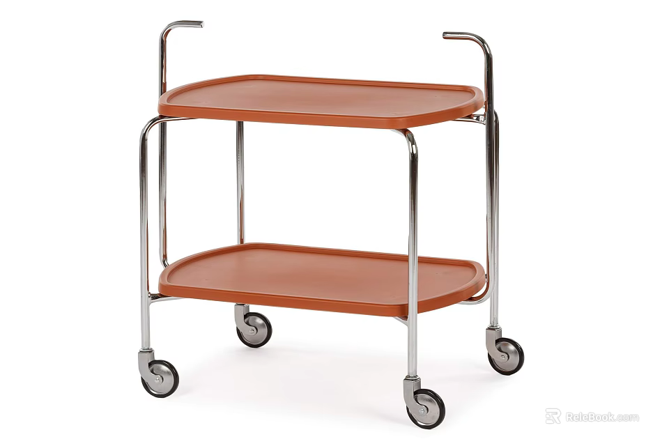 Two Tier Storage Cart with Brown Trays and Silver Metal Frame on Wheels 3d model 