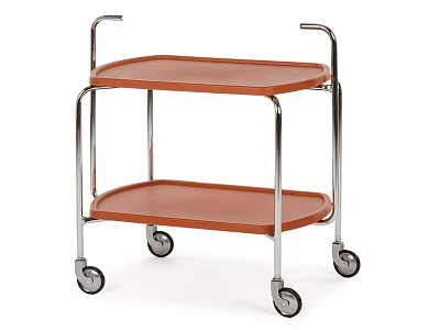 Two Tier Storage Cart with Brown Trays and Silver Metal Frame on Wheels 3d model