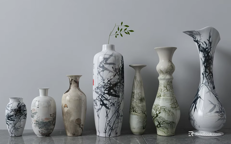 Assorted Ceramic Vases With Ink Painting Patterns And Green Leaf Decoration 3d model