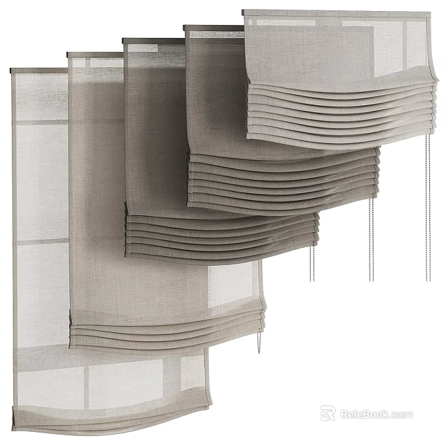 Modern Linen Curtains With Pleated Layers Neutral Gray Beige Tones And Tassel Trim 3d model 