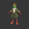3D Cartoon Character in Green Uniform with Brown Hair Glasses and Yellow Shoes