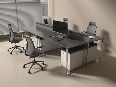Modern Office Desk Setup With Ergonomic Chairs White Storage Cabinets Desktop Computer And Blinds 3d model