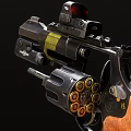 Tactical Revolver With Orange Textured Grip Black Body Red Dot Scope And Yellow Label
