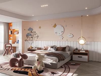 Kids Bedroom Interior With Pastel Pink Walls Moon Clouds Stars Decor Bed And Hanging Lamp 3d model