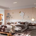 Kids Bedroom Interior With Pastel Pink Walls Moon Clouds Stars Decor Bed And Hanging Lamp