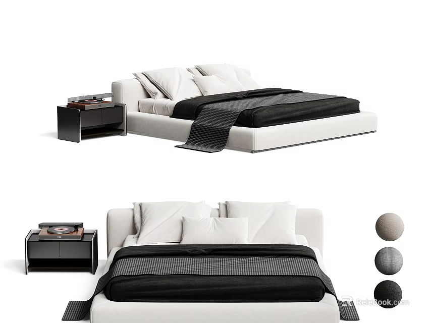 Modern Double Bed Design With Black White Bedding Pillows And Nightstand 3d model
