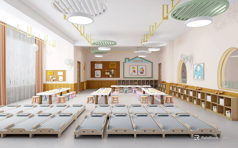 Bright Kindergarten Classroom Interior With Arranged Beds Tables Chairs And Bookshelves 3d model 