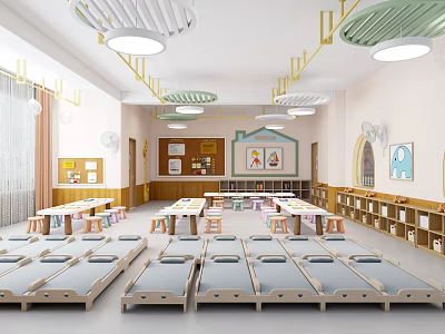 Bright Kindergarten Classroom Interior With Arranged Beds Tables Chairs And Bookshelves 3d model