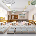 Bright Kindergarten Classroom Interior With Arranged Beds Tables Chairs And Bookshelves