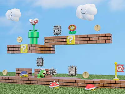 Cartoon Game Scene With Brick Platforms Clouds Coins Question Mark Blocks And Mushrooms 3d model