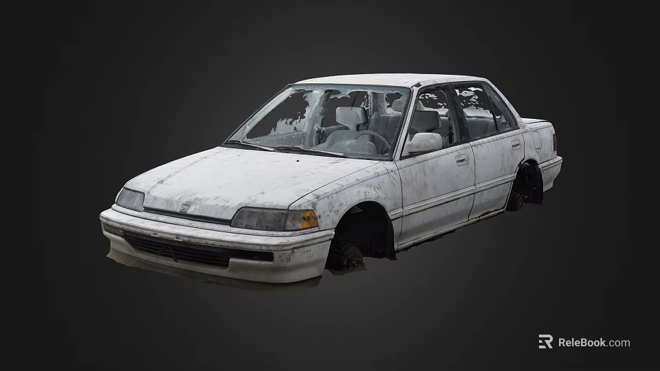 Old White Car with Dusty Body Worn Out Tires and Damaged Windows Left Long Unused 3d model 