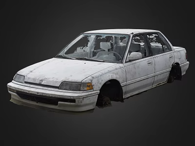 Old White Car with Dusty Body Worn Out Tires and Damaged Windows Left Long Unused 3d model