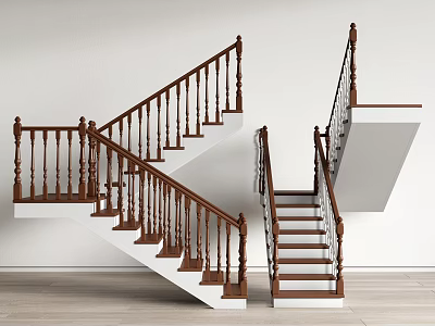 Staircase with Wooden Handrails and Steps in Modern Design with White Walls and Wooden Flooring 3d model
