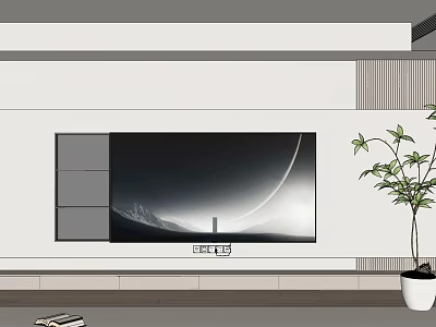 Modern Minimalist TV Background Wall With Gray Panels Large Screen And Potted Plant 3d model