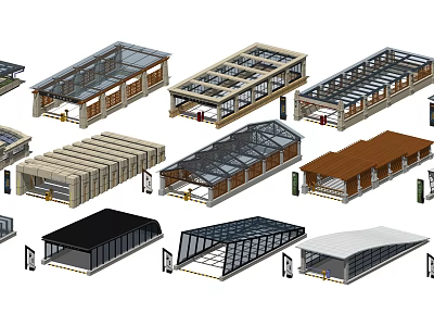 Diverse Architectural Outdoor Structure Models Featuring Different Roof Styles And Materials 3d model