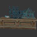 Rustic Wooden Table Display With Assorted Chairs Basket And Small Dish