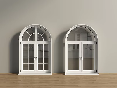 White Arched Windows With Light Gray Wall And Wooden Floor Background 3d model