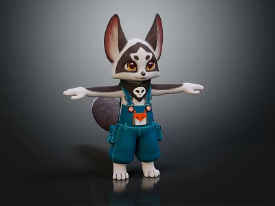 Cartoon Animal Character With Big Ears Blue Overalls White Paws And Black Tail 3d model