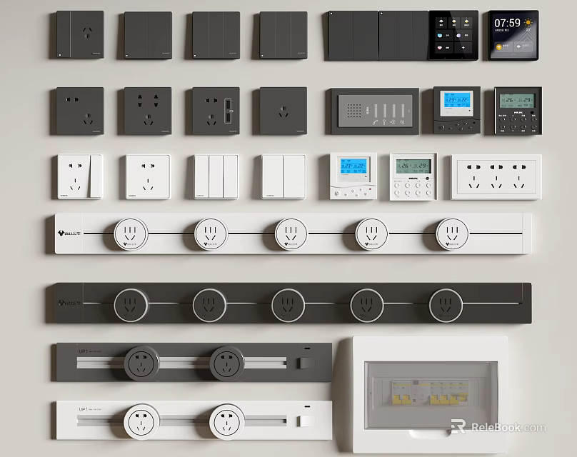 Modern Black And White Electrical Switch Panels With Sockets And Digital Displays 3d model 