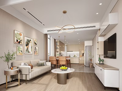 Modern Living Dining Room Interior With Beige Sofa Round Coffee Table Dining Chairs and Chandelier 3d model