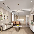 Modern Living Dining Room Interior With Beige Sofa Round Coffee Table Dining Chairs and Chandelier