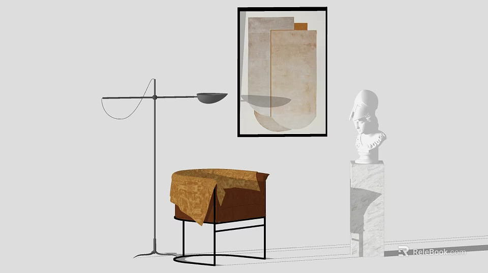 Elegant Accent Chair With Throw Blanket Floor Lamp Artwork And Sculpture In Modern Interior 3d model 